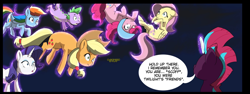 Size: 1524x570 | Tagged: safe, artist:chedx, edit, imported from derpibooru, applejack, fluttershy, pinkie pie, rainbow dash, rarity, spike, tempest shadow, dragon, earth pony, pegasus, pony, unicorn, comic:the storm kingdom, my little pony: the movie, applejack's hat, captured, cowboy hat, cropped, crystal of light, cute, dashabetes, diapinkes, general tempest shadow, hat, helmet, implied twilight sparkle, jackabetes, raribetes, shocked, shocked expression, shyabetes, upside down, wavy mouth
