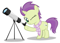 Size: 4760x3380 | Tagged: safe, artist:strategypony, imported from derpibooru, oc, oc only, oc:sky spark, unicorn, clothes, cute, female, filly, foal, horn, one eye closed, raised hoof, scarf, show accurate, simple background, stargazing, telescope, transparent background, underhoof, unicorn oc, younger