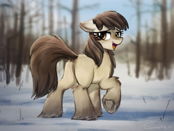 Size: 4000x3000 | Tagged: safe, artist:selenophile, edit, imported from ponybooru, oc, oc only, oc:frosty flakes, pony, bedroom eyes, butt, dock, ears, female, floppy ears, fluffy, image, looking at you, looking back, looking back at you, mare, open mouth, open smile, outdoors, plot, png, raised hoof, raised leg, raised tail, rear view, sfw edit, smiling, smiling at you, snow, snowpony (species), solo, solo female, taiga pony, tail
