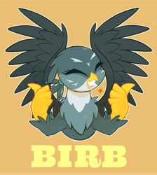 Size: 1836x2048 | Tagged: safe, artist:noupu, imported from derpibooru, gabby, griffon, birb, cute, eyes closed, featured image, female, gabbybetes, grin, simple background, smiling, solo, spread wings, thumbs up, wings, yellow background