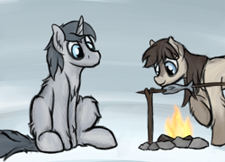 Size: 1482x1075 | Tagged: safe, artist:ahorseofcourse, imported from derpibooru, oc, oc only, oc:frosty flakes, oc:silver sword, fish, pony, unicorn, campfire, cooking, duo, female, fire, fluffy, food, male, mare, meat, ponies eating meat, roasting, sitting, snow, snow mare, snowmare, snowpony (species), stallion, taiga pony, yakutian horse