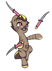 Size: 796x1092 | Tagged: safe, alternate version, artist:multiverseequine, derpibooru exclusive, imported from derpibooru, oc, oc only, oc:ysillee, hybrid, pony, zony, bipedal, colored, colored muzzle, colt, dagger, foal, full body, juggling, knife, male, performance, simple background, smiling, solo, standing, standing on one leg, stripes, transparent background, two toned mane, weapon, zony oc