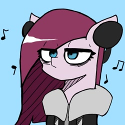 Size: 768x768 | Tagged: safe, artist:metaruscarlet, imported from derpibooru, pinkie pie, earth pony, pony, blue background, clothes, emo, female, headphones, hoodie, mare, music notes, pinkamena diane pie, simple background, solo