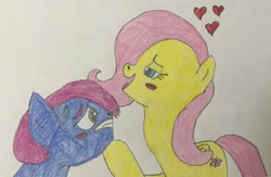 Size: 1280x835 | Tagged: safe, artist:galeemcrusher, imported from derpibooru, oc, oc:cherry kisses, earth pony, pegasus, pony, blush sticker, blushing, canon x oc, heart, sweat, sweatdrop, this will end in kisses