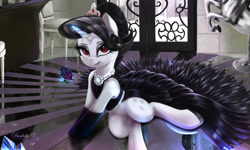 Size: 2500x1500 | Tagged: safe, alternate version, artist:darksly, imported from derpibooru, rarity, pony, unicorn, alternate hairstyle, beautiful, black dress, black hair, clothes, crown, dress, female, flower, gloves, glowing horn, horn, jewelry, levitation, magic, mare, red eyes, regalia, rose, solo, telekinesis