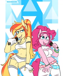 Size: 1414x1702 | Tagged: safe, artist:redxbacon, imported from derpibooru, pinkie pie, oc, oc:sunny lane, oc:trash, anthro, earth pony, belly, clothes, duo, duo female, female, fingerless gloves, gloves, idol, microphone, plump