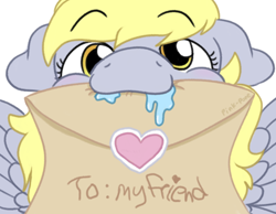 Size: 900x700 | Tagged: safe, artist:pink-pone, imported from derpibooru, derpy hooves, pegasus, pony, blushing, cute, derpabetes, drool, floppy ears, letter, looking at you, mouth hold