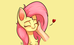 Size: 1584x966 | Tagged: safe, artist:alexsc112, imported from derpibooru, fluttershy, pegasus, pony, chest fluff, cute, disembodied hand, eyes closed, floating heart, hand, hand on cheek, heart, petting, shyabetes, smiling, solo