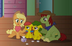 Size: 1280x819 | Tagged: safe, artist:aleximusprime, imported from derpibooru, applejack, tex, oc, oc:annie smith, oc:apple chip, fanfic:apple family memories, flurry heart's story, blushing, bow, brother and sister, clothes, cowboy hat, crying, family, father and child, father and daughter, father and mother, father and son, female, freckles, hat, like father like daughter, like father like son, like mother like daughter, like mother like son, like parent like child, male, mother and child, mother and daughter, mother and son, offspring, older, older applejack, parent:applejack, parent:tex, parents and child, parents:texjack, pigtails, sad, scarf, shipping, siblings, stetson, straight, texjack, tissue, tissue box