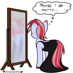 Size: 1000x1000 | Tagged: safe, artist:skydreams, imported from derpibooru, oc, oc only, oc:cinnamon lightning, pony, unicorn, black dress, blushing, clothes, crossdressing, dress, ear blush, facing away, femboy, hidden eyes, hidden horn, horn, male, mirror, patreon, patreon reward, rear view, simple background, solo, sparkles, sparkly dress, stallion, tail, tail hole, thought bubble, unicorn oc, unshorn fetlocks, white background