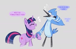 Size: 1773x1147 | Tagged: safe, artist:another_pony, imported from derpibooru, twilight sparkle, bird, blue jay, pony, unicorn, blushing, crossover, crossover shipping, dialogue, eyes closed, female, male, mordecai, mordetwi, regular show, shipping, smiling, straight, unicorn twilight
