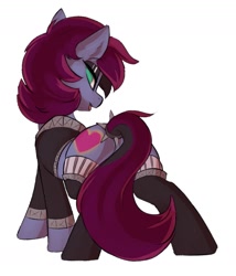 Size: 1391x1626 | Tagged: safe, artist:beardie, imported from derpibooru, oc, oc only, oc:blazing heart, earth pony, pony, butt, clothes, jacket, lidded eyes, looking at you, looking back, looking back at you, plot, socks, spikes, tail, tail wrap, thigh highs