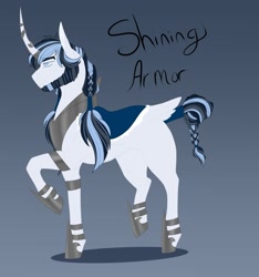 Size: 1869x2000 | Tagged: safe, artist:inisealga, imported from derpibooru, shining armor, pony, alternate design, armor, beach, braid, curved horn, horn, male, redesign, simple background, stallion