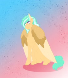 Size: 3016x3442 | Tagged: safe, artist:inisealga, imported from derpibooru, oc, oc only, oc:mango foalix, pegasus, pony, chest fluff, eyebrows, eyebrows visible through hair, female, folded wings, gradient background, high res, looking up, mare, pegasus oc, smiling, solo, wings