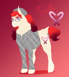 Size: 1446x1617 | Tagged: safe, artist:inisealga, imported from derpibooru, twist, earth pony, pony, alternate design, beanie, butt fluff, clothes, female, glasses, hat, mare, neck fluff, redesign, shirt, simple background, solo