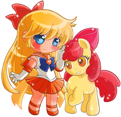 Size: 2410x2324 | Tagged: safe, artist:hadibou, imported from derpibooru, apple bloom, earth pony, human, pony, anime, chibi, crossover, female, filly, high res, mina aino, sailor moon, sailor venus