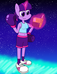 Size: 1484x1920 | Tagged: safe, artist:strangefacts101, imported from derpibooru, twilight sparkle, alicorn, anthro, plantigrade anthro, adidas, book, boxing, boxing gloves, boxing shorts, breasts, busty twilight sparkle, clothes, magic, shoes, shorts, sneakers, socks, solo, space, sports, stars, tanktop, twilight sparkle (alicorn)