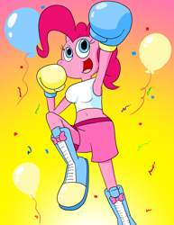 Size: 1468x1900 | Tagged: safe, artist:strangefacts101, imported from derpibooru, pinkie pie, anthro, earth pony, plantigrade anthro, balloon, boots, boxing, boxing gloves, boxing shorts, breasts, busty pinkie pie, clothes, confetti, shoes, solo, sports, tanktop