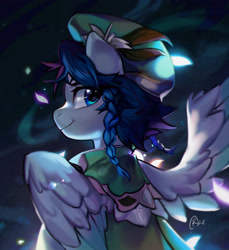 Size: 1170x1280 | Tagged: safe, artist:nervouspink, imported from derpibooru, pegasus, pony, braid, cloak, clothes, game, genshin impact, hat, lidded eyes, looking at you, looking back, male, mare, ponified, smiling, spread wings, venti, venti (genshin impact), wings