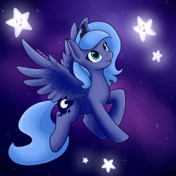 Size: 800x800 | Tagged: safe, artist:maravor, imported from derpibooru, princess luna, alicorn, pony, female, mare, s1 luna, smiling, solo, spread wings, stars, wings