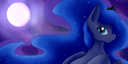 Size: 1600x800 | Tagged: safe, artist:maravor, imported from derpibooru, princess luna, alicorn, pony, female, full moon, looking at you, mare, moon, smiling, solo