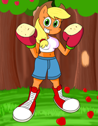Size: 1468x1900 | Tagged: safe, artist:strangefacts101, imported from derpibooru, applejack, anthro, earth pony, plantigrade anthro, apple, apple tree, applebucking, boots, boxing, boxing gloves, breasts, busty applejack, clothes, converse, denim shorts, food, grass, grin, hat, shoes, shorts, smiling, solo, sports, tanktop, tree