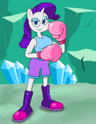 Size: 1468x1900 | Tagged: safe, artist:strangefacts101, imported from derpibooru, rarity, anthro, plantigrade anthro, unicorn, boots, boxing, boxing gloves, boxing shorts, breasts, busty rarity, cave, clothes, crystal, crystal caverns, eyeshadow, makeup, shoes, solo, sports, tanktop