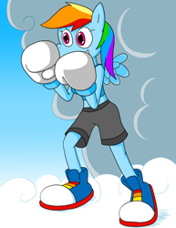 Size: 1468x1900 | Tagged: safe, artist:strangefacts101, imported from derpibooru, rainbow dash, anthro, pegasus, plantigrade anthro, boxing, boxing gloves, boxing shorts, breasts, busty rainbow dash, clothes, cloud, converse, on a cloud, shoes, sky, sneakers, solo, sports, standing on a cloud, tanktop, wings