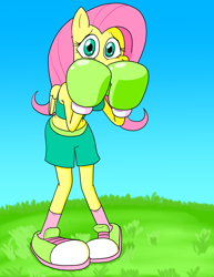 Size: 1468x1900 | Tagged: safe, artist:strangefacts101, imported from derpibooru, fluttershy, anthro, pegasus, plantigrade anthro, boxing, boxing gloves, boxing shorts, breasts, busty fluttershy, clothes, converse, covering face, covering mouth, grass, grass field, hunched over, pigeon toed, scared, shoes, shorts, shy, sneakers, socks, solo, sports, tanktop, timid, wings