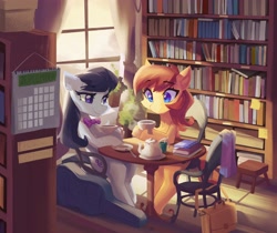 Size: 4096x3440 | Tagged: safe, artist:saxopi, imported from derpibooru, octavia melody, oc, oc:kadae, earth pony, pony, bag, book, bookshelf, calendar, cello, cello case, chair, commission, cute, date, food, library, looking at each other, musical instrument, smiling, sun, sunlight, table, tea, teapot