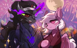 Size: 2448x1530 | Tagged: safe, artist:jojo, imported from derpibooru, king sombra, oc, oc:coloured glaze rose, bat pony, pony, unicorn, canon x oc, duo, duo male, fireworks, fireworks stick, holiday, magic, male, moon, night, sombrose, stallion, valentine's day, wings