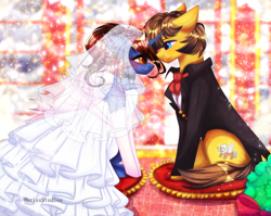 Size: 4000x3179 | Tagged: safe, artist:krissstudios, imported from derpibooru, oc, oc only, pony, unicorn, clothes, dress, female, male, mare, stallion, suit, wedding dress