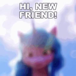 Size: 498x498 | Tagged: safe, edit, edited screencap, imported from derpibooru, screencap, izzy moonbow, pony, unicorn, spoiler:my little pony: a new generation, 3d, animated, caption, cloud, cute, female, g5, gif, hi new friend, izzybetes, lens flare, looking at you, looking down, looking down at you, mare, my little pony: a new generation, official, solo, tenor gif, text