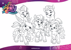 Size: 3508x2480 | Tagged: safe, imported from derpibooru, hitch trailblazer, izzy moonbow, pipp petals, sunny starscout, zipp storm, earth pony, pegasus, pony, unicorn, amazon.com, badge, bag, black and white, bracelet, coloring page, female, g5, grayscale, high res, jewelry, male, mane five (g5), mare, monochrome, my little pony: a new generation, my little pony: a new generation logo, official, outline, satchel, simple background, stallion, text, white background