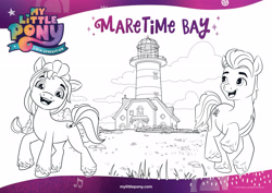 Size: 3508x2480 | Tagged: safe, imported from derpibooru, hitch trailblazer, sunny starscout, earth pony, pony, amazon.com, black and white, cloud, coloring page, duo, female, g5, grayscale, high res, lighthouse, male, mare, maretime bay, monochrome, my little pony: a new generation, my little pony: a new generation logo, official, outline, simple background, stallion, text, white background