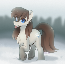 Size: 966x959 | Tagged: safe, artist:puetsua, imported from derpibooru, oc, oc only, oc:frosty flakes, pony, :p, blue eyes, chest fluff, cutie mark, eye clipping through hair, eyelashes, female, mane, raised hoof, raspberry, snow, snow mare, snowpony (species), solo, standing, taiga pony, tail, tongue out, yakutian horse