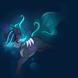 Size: 2449x2449 | Tagged: safe, artist:twisted-sketch, imported from derpibooru, oc, oc only, earth pony, pony, blue background, blue eyes, bubble, commission, dark, deviantart watermark, flowing mane, flowing tail, glow, glowing, glowing eyes, grin, high res, looking at you, obtrusive watermark, ocean, patreon, simple background, smiling, solo, swimming, tail, underwater, water, watermark
