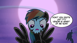 Size: 1280x720 | Tagged: safe, artist:14oliverhedgehog, artist:barrelslover, edit, edited screencap, imported from derpibooru, screencap, rainbow dash, pegasus, pony, bats!, dialogue, female, full moon, grammar error, living latex, living suit, mare, mind control, moon, night, open mouth, parasite, remake, serious, solo, speech bubble, spread wings, symbiote, venom, wings