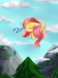 Size: 1500x2000 | Tagged: safe, artist:gnidagovnida, imported from derpibooru, fluttershy, bird, pegasus, pony, 2014, ahoge, chibi, cloud, cute, eyes closed, floppy ears, flying, mountain, scenery, shyabetes, sky, tree