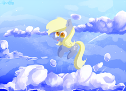 Size: 2000x1458 | Tagged: safe, artist:gnidagovnida, imported from derpibooru, derpy hooves, pegasus, pony, 2014, cheek fluff, chibi, cloud, colored pupils, jumping, on a cloud, sky, solo, tongue out