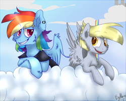 Size: 2500x2000 | Tagged: safe, artist:gnidagovnida, imported from derpibooru, derpy hooves, rainbow dash, pegasus, pony, 2014, beard, cheek fluff, chest fluff, clothes, cloud, dopey hooves, duo, ear piercing, facial hair, grin, high res, male, on a cloud, piercing, rainbow blitz, rule 63, shirt, sky background, smiling, stallion, t-shirt