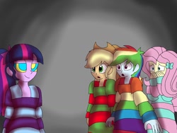 Size: 1024x768 | Tagged: safe, artist:artsymlp12, imported from derpibooru, applejack, fluttershy, rainbow dash, sci-twi, twilight sparkle, equestria girls, brainwashing, daze, daze sci-twi, hypnosis, hypnotized