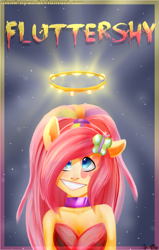 Size: 1905x3000 | Tagged: safe, artist:gnidagovnida, imported from derpibooru, fluttershy, equestria girls, 2014, abstract background, female, halo, musical instrument, pony ears, rainbow rocks outfit, solo, tambourine