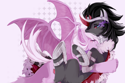 Size: 4500x3000 | Tagged: safe, artist:memorycity2, imported from derpibooru, king sombra, oc, oc:coloured glaze rose, bat pony, unicorn, bat wings, canon x oc, duo, duo male, hug, looking at you, lying, lying down, male, sombrose, stallion, wings