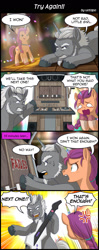 Size: 800x2020 | Tagged: safe, artist:uotapo, imported from derpibooru, sunny starscout, earth pony, pony, unicorn, spoiler:my little pony: a new generation, alphabittle (g5), alphabittle blossomforth, beatmania iidx, comic, cross-popping veins, crystal tea room, dialogue, duo, fake horn, female, g5, gitadora, gritted teeth, guitar freaks, guitar hero, horn, male, mare, my little pony: a new generation, rainbow horn, sore loser, stallion, sweat, sweatdrop, teary eyes