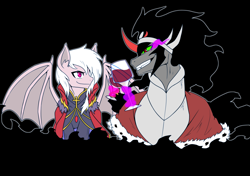 Size: 5016x3541 | Tagged: safe, artist:commissarbu, imported from derpibooru, king sombra, oc, oc:coloured glaze rose, bat pony, pony, unicorn, alcohol, canon x oc, cheers, clothes, drinking, duo, duo male, magic, male, sombrose, stallion, wine, wineglass