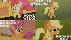 Size: 1280x720 | Tagged: safe, edit, edited screencap, editor:quoterific, imported from derpibooru, screencap, apple bloom, applejack, scootaloo, sweetie belle, earth pony, pegasus, pony, unicorn, season 1, the show stoppers, apple bloom's bow, applejack's hat, bow, clubhouse, cowboy hat, crusaders clubhouse, cutie mark crusaders, female, filly, hair bow, hat, mare, offscreen character, open mouth