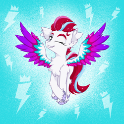 Size: 2500x2500 | Tagged: safe, artist:rurihal, imported from derpibooru, zipp storm, pegasus, pony, chest fluff, clothes, colored wings, ear fluff, g5, high res, hoof fluff, one eye closed, one-piece swimsuit, swimsuit, wings, wink