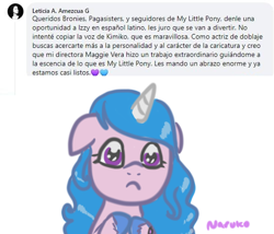 Size: 548x469 | Tagged: safe, artist:wrath-marionphauna, imported from derpibooru, izzy moonbow, pony, unicorn, cute, facebook, g5, izzybetes, latin american, leticia amezcua, ponylatino, sad, sad pony, sadorable, solo, spanish, translated in the description, voice actor, voice actor joke, voice actor reference