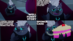 Size: 1280x720 | Tagged: safe, edit, edited screencap, editor:quoterific, imported from derpibooru, screencap, grubber, tempest shadow, pony, unicorn, my little pony: the movie, cake, female, food, grin, male, mare, open mouth, smiling